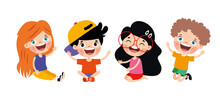 Happy Cartoon Children Characters Sitting