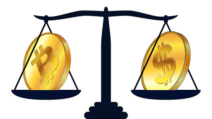 Canvas Print - Gold coin of Bitcoin BTC and american dollar USD on scales isolated on white background. Laws on digital assets CBDC.