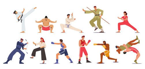 Wall Mural - Set Martial Arts, Sport Competition, Characters Presenting Different Fighting Karate, Sumo, Bojutsu, Boxing or Wrestling