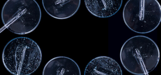 banner glass pipette serum gel closeup in petri dish on a dark background