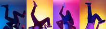 Set With Images Of Female And Male Legs In Colored Shoes, Sneakers, Trainers Dancing Isolated Over Multicolored Background In Neon. Concept Of Fashion, Sales, Art