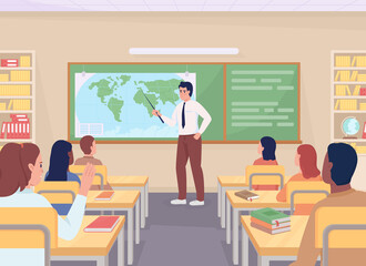 high school geography lesson flat color vector illustration. teaching-learning process. teacher with