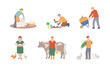 © Happypictures - People working on farm set. Farmers shearing sheep, planting seedlings, milking cow cartoon vector illustration