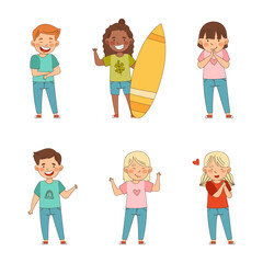 Wall Mural - Set of cute happy children waving their hands in greeting. Boys and girls raising their hands cartoon vector illustration