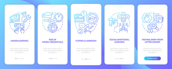 Trends in education blue gradient onboarding mobile app screen. Learning walkthrough 5 steps graphic instructions with linear concepts. UI, UX, GUI template. Myriad Pro-Bold, Regular fonts used