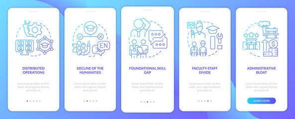 Problems in higher education blue gradient onboarding mobile app screen. Walkthrough 5 steps graphic instructions with linear concepts. UI, UX, GUI template. Myriad Pro-Bold, Regular fonts used