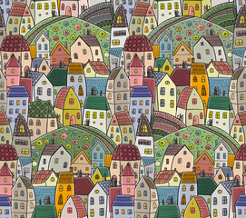 Poster - Childish town street landscape with houses on road. Cute city in scandinavian style. Cartoon village buildings, seamless pattern background. Illustration of town childish street with buildings