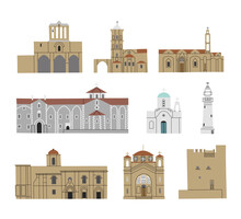 Vector Color Hand Drawn Illustration With Cyprys Churches And Monasteries. Stone Orthodox Christian Greek Arhitecture Buildings Set