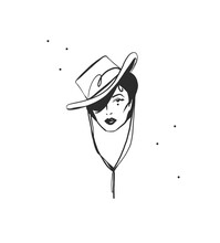 Hand Drawn Abstract Vector Graphic Clipart Illustration Boho Cowgirl In Hat Portrait.Western Female Design Concept.Bohemian Wild West Contemporary Art.Cowboy Girl Modern Drawing.American Cowgirl Logo.