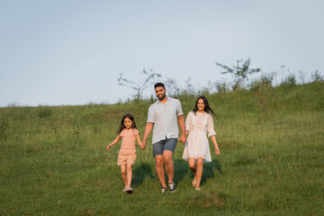 full length of smiling family holding hands during summer walk in meadow.