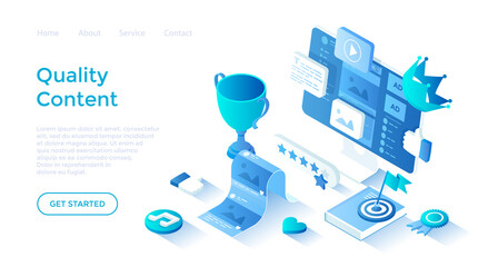 Wall Mural - High Quality Content. Content marketing and optimization. Adding photos, videos, posts to the website, blog, social network. Isometric illustration. Landing page template for web on white background.