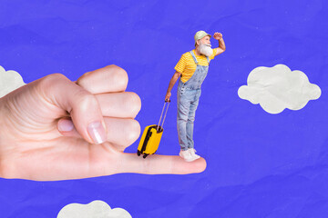 Wall Mural - Composite collage picture of focused granddad traveling on big hand looking ahead isolated on sky background