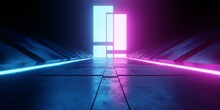 3d Rendering Of Spaceship Corridor Neon Glowing Blue Purple Background Futuristic. Cyberpunk Concept. Scene For Advertising, Showroom, Technology, Future, Modern, Sport, Metaverse. Sci Fi Illustration