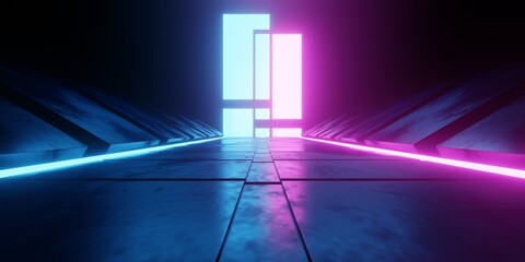 3d rendering of spaceship corridor neon glowing blue purple background futuristic. Cyberpunk concept. Scene for advertising, showroom, technology, future, modern, sport, metaverse. Sci Fi Illustration