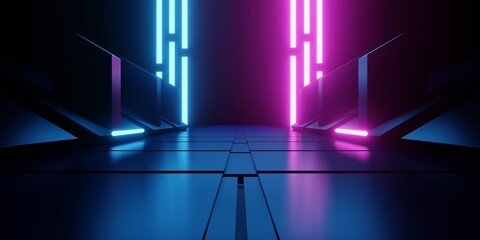 Wall Mural - 3d rendering of spaceship corridor neon glowing blue purple background futuristic. cyberpunk concept