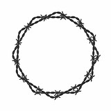 Vector illustration of barbed wire circle isolated on white background. Circle shape frame from twisted barbwire. Security fence sign. 