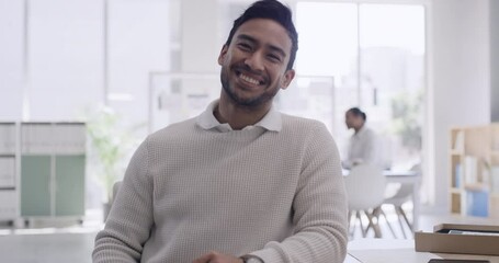 Young businessman using a computer in a trendy modern office. Portrait of an entrepreneur happy with his business project proposal. A marketing tech professional working on company website analytics