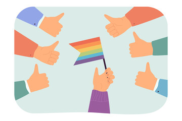 Wall Mural - Human hand with rainbow flag surrounded by thumbs up. People approving LGBT community flat vector illustration. Freedom, equality, awareness concept for banner, website design or landing web page