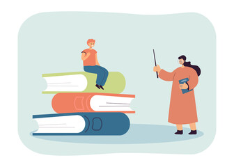 Sticker - Teacher and pupil sitting on huge pile of books. Female teacher with pointer and book giving lesson flat vector illustration. Education, school concept for banner, website design or landing web page