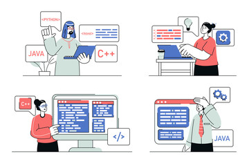 Programming working concept set in flat line design. Men and women work with programming languages on screens, write code or scripts for new apps. Vector illustration with outline people scene for web