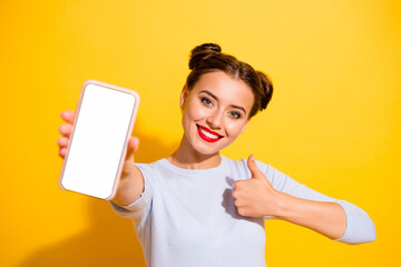 photo of funky confident lady wear long sleeve showing modern gadget touch screen empty space isolat