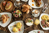 Fototapeta Uliczki - many mixed western breakfast food items on cafe table
