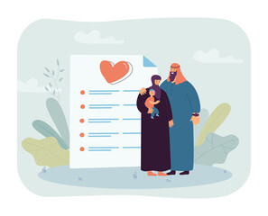 Sticker - Muslim family with kid near huge marriage contract. Happy mother, father and son hugging flat vector illustration. Love, happiness, agreement concept for banner, website design or landing web page