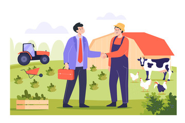 farmer and businessman shaking hands flat vector illustration. men making deal in farm, negotiating 