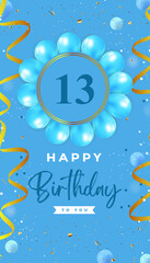 Wall Mural - Happy 13th birthday with blue balloon and gold confetti isolated on blue background.  Premium design for birthday card, greeting card, and birthday celebrations, invitation card, flyer, brochure.