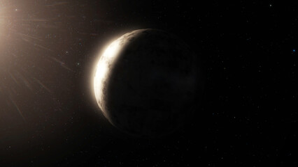 Wall Mural - Beautiful planet rotates on the background of night sky. Planet With Nebula In Deep Space. Planet rotation in deep starry space with a nebula in background. Lifeless planet with stars and sunlight