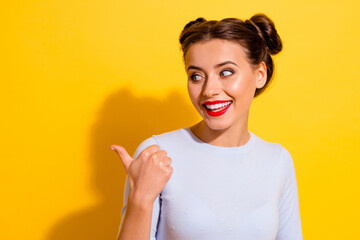 Wall Mural - photo of young adorable attractive lady promote black friday shopping sales advert isolated on yello