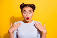 Photo Of Shocked Crazy Girl Can't Believe Her Eyes And Ears Hear Bad Words About Herself Isolated On Yellow Color Background