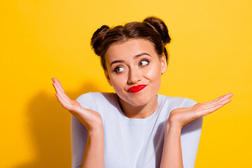 Wall Mural - photo of pretty hesitant young lady look blank space have misunderstanding with person isolated on y