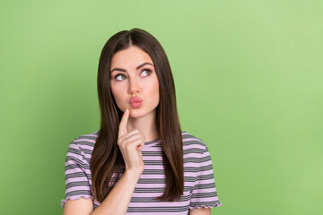 Sticker - Portrait of attractive pensive girly brown-haired girl making decision pout lips isolated over bright green color background