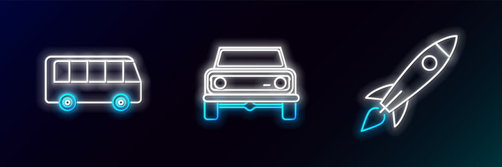 Sticker - Set line Rocket ship with fire, Bus and Off road car icon. Glowing neon. Vector