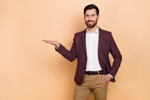 Photo Of Good Looking Handsome Male Ceo Promote Recommend Company Services Isolated On Beige Color Background