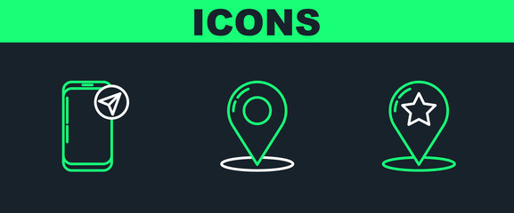 Sticker - Set line Map pointer with star, Infographic of city map navigation and pin icon. Vector