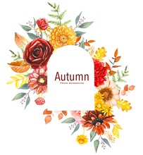 Autumn Frame With Yellow And Burgundy Flowers And Dry Leaves, On A White Background