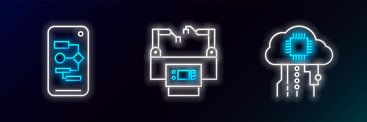 Set line Internet of things, Algorithm and Assembly line icon. Glowing neon. Vector