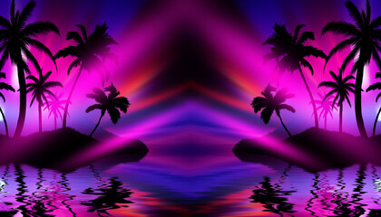 Wall Mural - Silhouettes of tropical palm trees against an abstract background with a dark cloud. Reflection of palm trees in the water. Geometric figure in neon glow. Beach party. 3d illustration