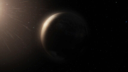 Wall Mural - Beautiful planet rotates on the background of night sky. Planet With Nebula In Deep Space. Planet rotation in deep starry space with a nebula in background. Lifeless planet with stars and sunlight