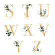 Watercolor alphabet green golden foliage, rustic wedding, lettering illustration