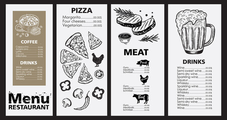 Menu template design for restaurant, sketch illustration. Vector.	