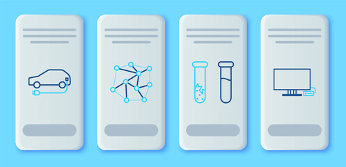 Sticker - Set line Neural network, Test tube and flask, Electric car and Smart Tv icon. Vector