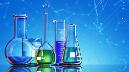 Wall Mural - glass chemistry lab equipment on blue background. chemistry lab concept. 3d