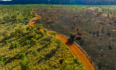 Aerial view of dirt road to Windjana Gorge National Park in the remote Kimberley region of Western Australia