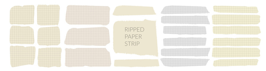 Torn ripped paper rectangle shape vector illustration. Cutout collage piece, shred strip, cut sheets with square grid. Blank horizontal note. Calligraphy border, isolated grunge header background