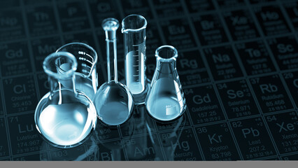 Wall Mural - glass chemistry lab equipment on black background. chemistry lab concept. 3d