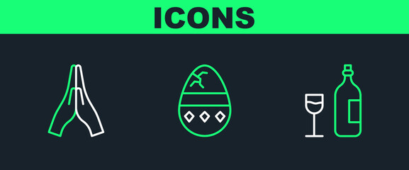 Sticker - Set line Wine bottle with glass, Hands praying position and Cracked egg icon. Vector