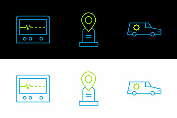 Wall Mural - Set line Hearse car, Beat dead in monitor and Location grave icon. Vector